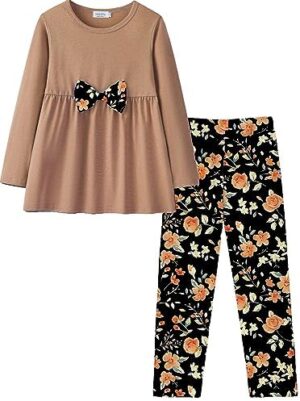 Yekaty Girls Clothing Set 2 Pcs Floral Soft Crewneck Long Sleeve Top+Leggings Loose Outfits With Bowknot