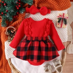 Baby Girl Clothes Fall Winter Outfit Plaid Romper Long Sleeve Dress Lace Ruffles Bodysuit with Bow Headband - Image 3