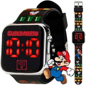 Accutime Nintendo Super Mario Kids LED Watch – Silver Plastic Case, Red LED Display, Iconic Mario Design, Durable Strap with Printed Artwork, Alloy Buckle, Fun Timepiece for Boys and Girls, Ages 6-12