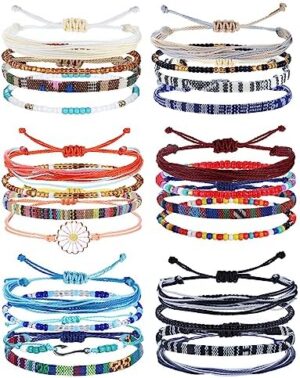 LOLIAS 24 Pieces Waterproof String Bracelets for Women Surfer Wave Boho Bracelet Adjustable Handmade Friendship Bracelet String Ocean Beach Boho Bracelets Anklets for Women