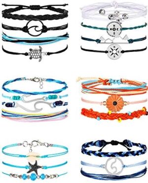 Hicarer 21 Pieces Surfer Wave Bracelet Ocean Wave Adjustable Waterproof Handmade Friendship Bracelet Anklet Jewelry for Women