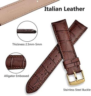 WOCCI 20mm Watch Band, Italian Leather, Embossed Alligator Grain, Gold Buckle (Brown) - Image 2