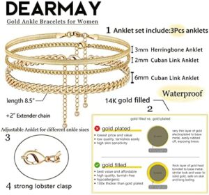 DEARMAY Gold Ankle Bracelets for Women Waterproof 3Pcs 14K Gold Plated Anklets Layered Cuban Link Chain Herringbone Dainty Cute Anklets Set Pack Summer Beach Jewelry Gift for Women - Image 2