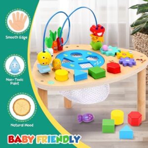 oathx Activity Table for 1+ Year Old, 6 in 1 Wooden Montessori Activity Center Play Table with Bead Maze Shape Sorter Fishing Game, Kids Sensory Educational Toddler Learning Toys 1st Birthday Gifts - Image 3