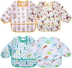 Accmor 4 Pack Long Sleeve Baby Bibs, Waterproof Sleeved Bib Smock for Baby Toddler 6-36 Months