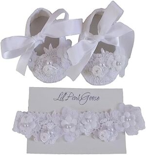 0-18M Baby Girls Newborn White Lace Baptism Shoes and Headbnad Set Toddler Wedding Dress Shoes Set - Image 3