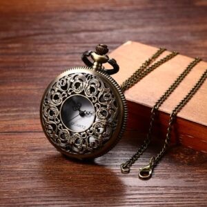 Avaner Women's Quartz Pocket Watches: Half Hunter Bronze Arabic Numeral Pocket Watches with Chain - Image 3