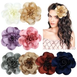 Cinaci 8 Pieces 13cm/5" Silky Satin Big Flower Brooch Pins Alligator Hair Clips Floral Hair Barrettes Accessories for Women Girls Teens