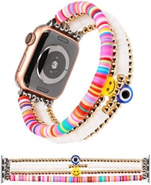 TOYOUTHS Heishi Beaded Bracelet Compatible with Apple Watch Band Cute Stretch Girl Women Summer Clay Preppy Jewelry Band for Iwatch 49/46/45/44/41/40/38mm Series SE 10 9 8 7 6 5 4 3 2 1 Ultra 1/2