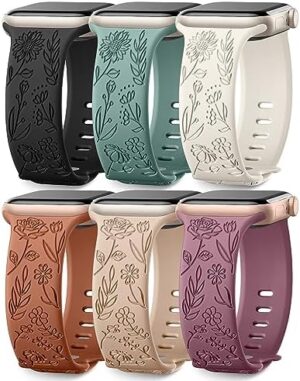 SNBLK 6 Pack Floral Engraved Bands Compatible with Apple Watch Bands for Women 40mm 41mm 42mm 38mm 44mm 45mm 46mm 49mm, Soft Silicone Cute Flower Pattern Sport Strap for iWatch Series 10 9 8 7 6 5 4 3 2 1 Ultra SE