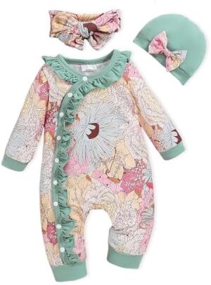 Newborn Baby Girl Clothes Infant Floral Print One-Piece Romper+Jumpsuit+Bodysuit+Hat+Headband