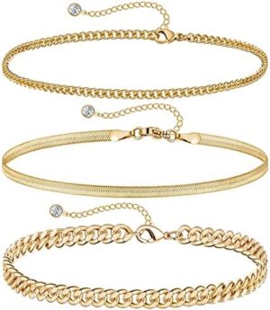 DEARMAY Gold Ankle Bracelets for Women Waterproof 3Pcs 14K Gold Plated Anklets Layered Cuban Link Chain Herringbone Dainty Cute Anklets Set Pack Summer Beach Jewelry Gift for Women