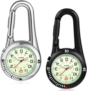 Hicarer 2 Pieces Clip on Quartz Watch Backpack Fob Belt Watch Glow in The Dark Unisex Pocket Watch with White Dial for Doctors Nurses Outdoor Activities