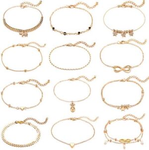 Starain 12pcs Women's Charm Anklet Set Gold Multilayer Adjustable Ankle Bracelets Boho Beach Foot Anklet for Women