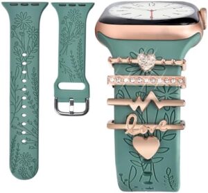 Watch Band Charms (Band Included), Compatible with Apple Watch Band 38mm 40mm 41mm, Floral Engraved Silicone Straps & Decorative Rings Accessories for iWatch Series se 10 9 8 7 6 5 4 3 2 1