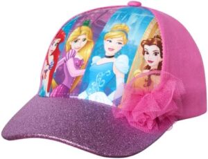 Disney Girls Princess Glitter Baseball Cap - Frozen Elsa, Anna, Cinderella, Belle, Ariel (2-7)