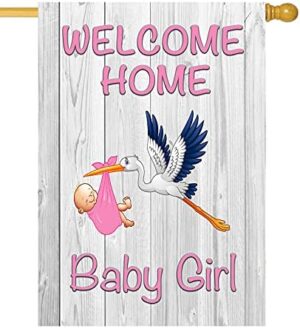 Welcome Home Baby Girl Garden Flag Baby Shower Birth Announcement Family Party Newborn Gender Reveal Lawn Yard Sign Pink Stork Outdoor Decoration Burlap Banner 12.5 x 18 Inch (Pink-Baby Girl) - Image 2