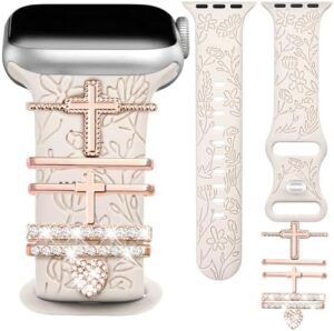 JR.DM Floral Engraved Band Compatible with Apple Watch 42mm 40mm 41mm 38mm Women, Soft Silicone Dressy Straps Decorative with Charms for iWatch Series 10 9 8 7 6 5 4 3 2 1 SE