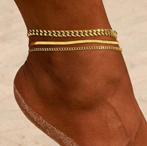 DEARMAY Gold Ankle Bracelets for Women Waterproof 3Pcs 14K Gold Plated Anklets Layered Cuban Link Chain Herringbone Dainty Cute Anklets Set Pack Summer Beach Jewelry Gift for Women - Image 5