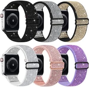 Bling Nylon Stretchy Bands Compatible With Apple Watch Bands 42mm 44mm 45mm 49mm For Women Girls, Adjustable Braided Solo Loop Sport Bands For iWatch Series Ultra 10 9 8 7 6 5 4 3 2 1 SE, 6 Packs