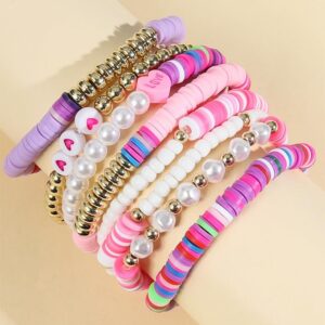 5-12Pcs Surfer Bead Bracelets Set Y2k Star Love Heart Charms Bracelets Vinyl Disc Heishi Colorful Clay Beaded Stretch Bracelet for Women Boho Summer Beach Stackable Jewelry Gifts - Image 4