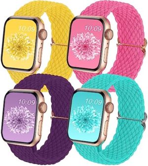 4Pack Braided Solo Loop Compatible with Apple Watch Band 38mm 40mm 41mm 42mm 44mm 45mm 46mm 49mm, Washable Stretchy Woven Nylon Strap Women Men for iWatch Bands Series 10 9 8 7 6 5 4 3 2 1 SE Ultra