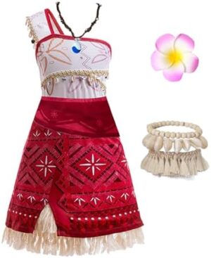 Moana Costume for Girls Adventure Outfit Ocean Princess Birthday Party Dress Up with Necklace & Anklet Accesories