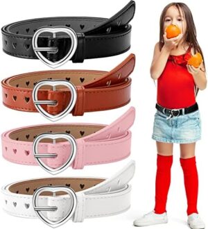 Newcotte 4 Pcs Girls Belt Size 6-12 Kids PU Leather Waist Belt Hollow Heart Design Metal Buckle for Girl Dress Pants Jeans