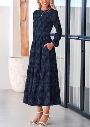 PRETTYGARDEN Women's Spring Midi Dress Fall Elegant Long Sleeve Smocked Flowy Boho Floral Wedding Guest Party Dresses - Image 4