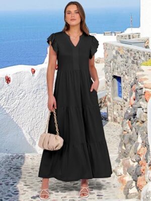 ANRABESS Womens Summer Casual Maxi Dress V Neck Ruffle Sleeve Long Dresses Fashion Flowy Tiered Boho Beach Vacation Sundress - Image 3