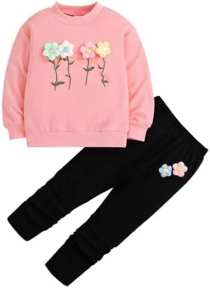 Toddler Girl Clothes Outfits - Flower Embroidery Sweatshirt & Leggings - 2 Pack Kids Clothing Set