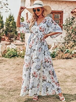 ANRABESS Women’s Summer Loose Boho Flowy Wrap V Neck 3/4 Sleeve Floral Print Slit Beach Wedding Guest Long Maxi Dresses - Image 2