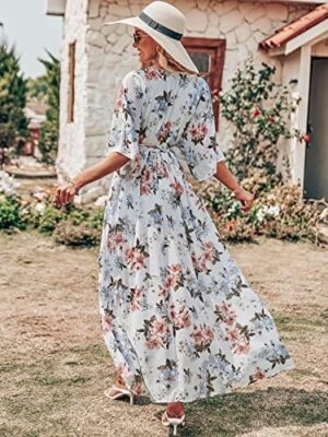 ANRABESS Women’s Summer Loose Boho Flowy Wrap V Neck 3/4 Sleeve Floral Print Slit Beach Wedding Guest Long Maxi Dresses - Image 5