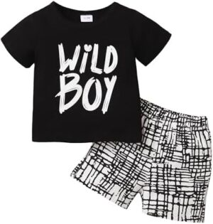 Kucnuzki Toddler Baby Boy Clothes Outfits Short Summer Sleeve Letters Printed Shirt Shorts Sets 2PC Little Boy Clothing