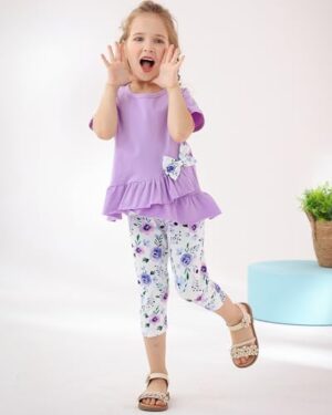 Toddler Girl Clothes 2-7T Girls Outfit, Short Sleeve Ruffle Bowknot Top + Floral Capri Pants 2Pcs Spring Summer Set - Image 3