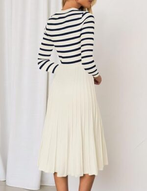 ZESICA Womens Long Sleeve Striped Midi Dresses Crewneck Button Ribbed Knit Pleated A Line Swing Sweater Dress - Image 3