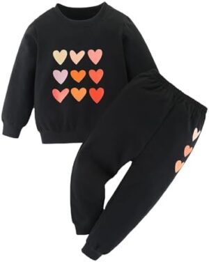 Cute Toddler Girls Sweatsuit - Valentines Heart Print Child Clothes, Long Sweatshirt and Sweatpants Fall Outfit