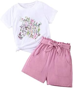 Toddler Kid Girl Outfits Clothes Floral Short Sleeve T-Shirt Top + Waist Pocketed Summer Short Set Girl Clothes