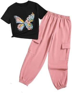 Kid Girl Clothes Outfits Figure Letter Graphic Tee Top + Flap Pocket Pants 2PC Spring Summer Clothing Set