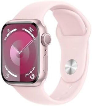 Apple Watch Series 9 [GPS 41mm] Smartwatch with Pink Aluminum Case with Light Pink Sport Band S/M. Fitness Tracker, ECG Apps, Always-On Retina Display, Water Resistant (MR933LW/A)