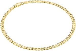 KISPER Solid 925 Sterling Silver 18k Gold Plated Italian Anklet Bracelet for Women - 3.5mm Waterproof Diamond-Cut Curb Chain - Flat Cuban Link Womens Ankle Bracelets, Made in Italy, 9-11 Inches