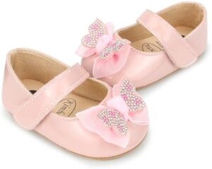 Clowora Infant Toddler Baby Girl Dress Shoes Mary Jane First Walking PU Leather Princess Wedding Rubber Sole Non-Slip with Bowknot Floral Flats - Image 5