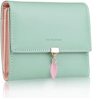 FT FUNTOR RFID Wallets for Women, Leaf Card Holder Trifold Ladies Wallets Coins Zipper Pocket with ID Window Green