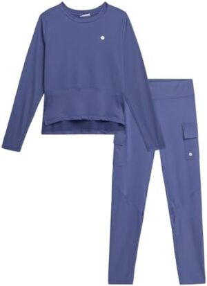 RBX Girls' Sweat Set - 2 Piece Activewear Ribbed Long Sleeve Top and Cargo Leggings Matching Set for Girls (Sizes: 7-12)