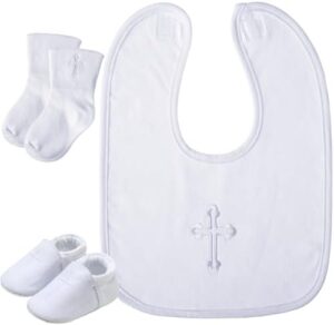 Hicarer 5 Pcs Baptism Gifts for Boys Girls Including White Embroidered Cross Bib Christening Shoes and Socks for Baby Infant