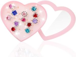 Girls Crystal Adjustable Rings, Princess Jewelry Finger Rings with Heart Shape Box, Girl Pretend Play and Dress up Rings for Children Kids Little Girls - Random