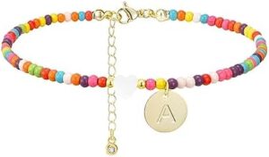 Initial Anklets for Women Handmade Beaded Ankle Bracelets 14K Gold Letter Initial Heart Anklet Boho Colorful Beads Ankle Bracelets Summer Beach Foot Jewelry Gift