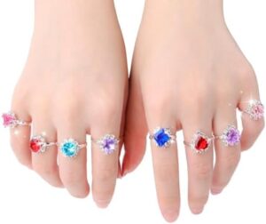 Girls Crystal Adjustable Rings, Princess Jewelry Finger Rings with Heart Shape Box, Girl Pretend Play and Dress up Rings for Children Kids Little Girls - Random - Image 4