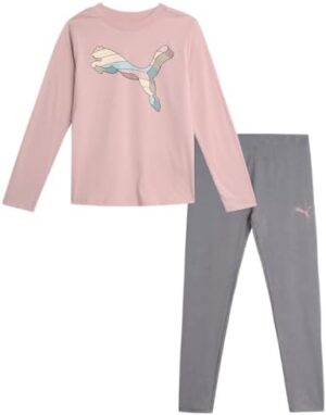 PUMA Girls' Active Leggings Set - 2 Piece Performance Long Sleeve Tee and Athletic Leggings - Girls Activewear Sets (S-L)