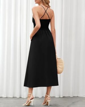 BTFBM Women 2025 Summer Spaghetti Strap Dress Sleeveless V Neck Cutout Slit Casual Beach Party Maxi Dresses with Pockets - Image 5